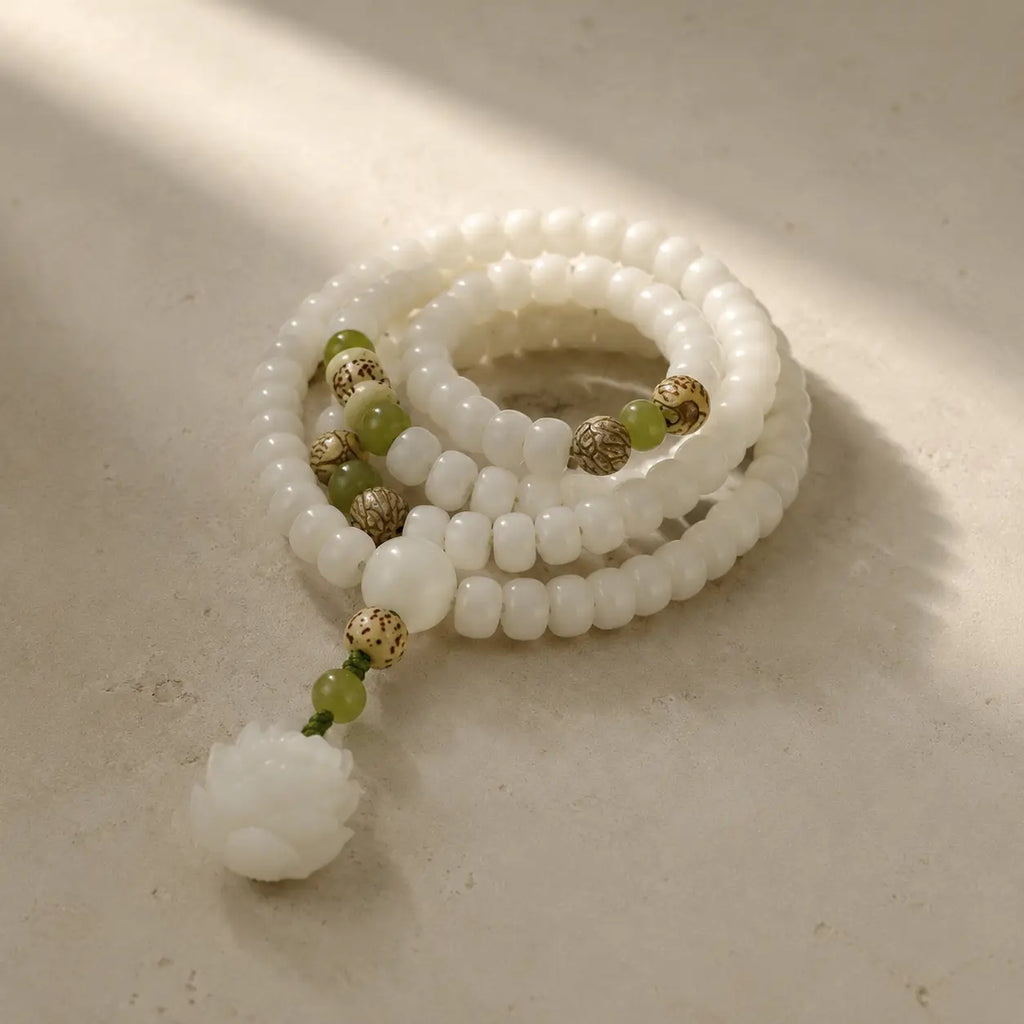 Song Yne 108 Mala Beads White Jade Bodhi Seed Lotus Bracelet Necklace, Handmade Spiritual Meditation Beads for Enlightenment, Peace & Harmony