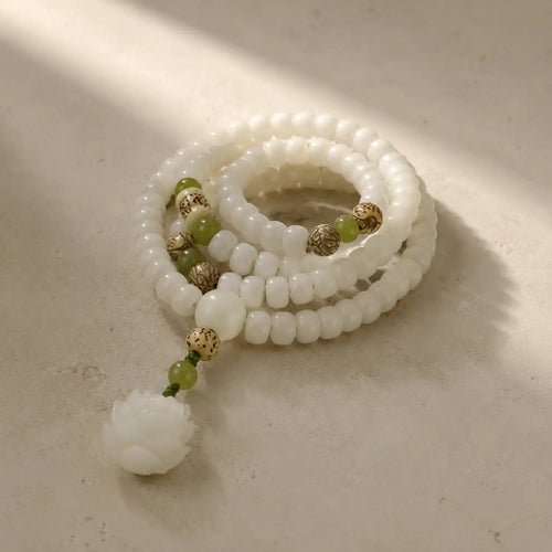 Song Yne 108 Mala Beads White Jade Bodhi Seed Lotus Bracelet Necklace, Handmade Spiritual Meditation Beads for Enlightenment, Peace & Harmony