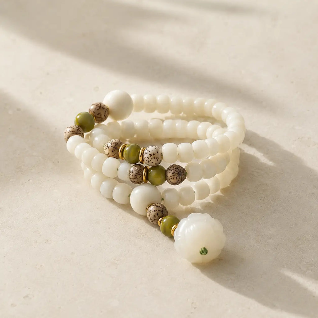 Song Yne 108 Mala Beads White Jade Bodhi Seed Lotus Bracelet Necklace, Handmade Spiritual Meditation Beads for Enlightenment, Peace & Harmony