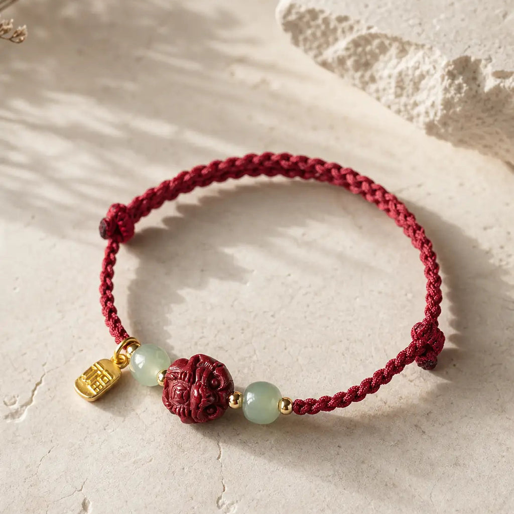 Song Yne Natural Cinnabar Chinese Zodiac Bracelet, Hetian Jade Fu Character Luck Rope Bracelet for Protection, Prosperity & Good Fortune