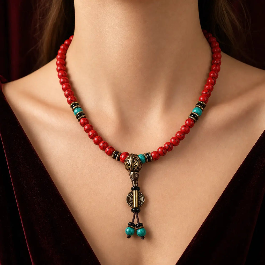 Song Yne Tibetan Red Turquoise 108 Mala Necklace Bracelet