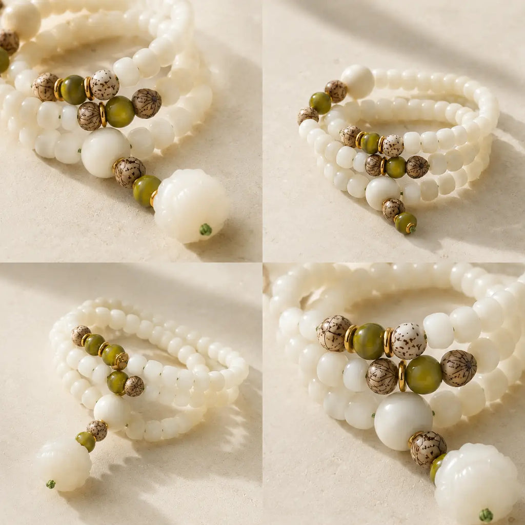 Song Yne 108 Mala Beads White Jade Bodhi Seed Lotus Bracelet Necklace, Handmade Spiritual Meditation Beads for Enlightenment, Peace & Harmony