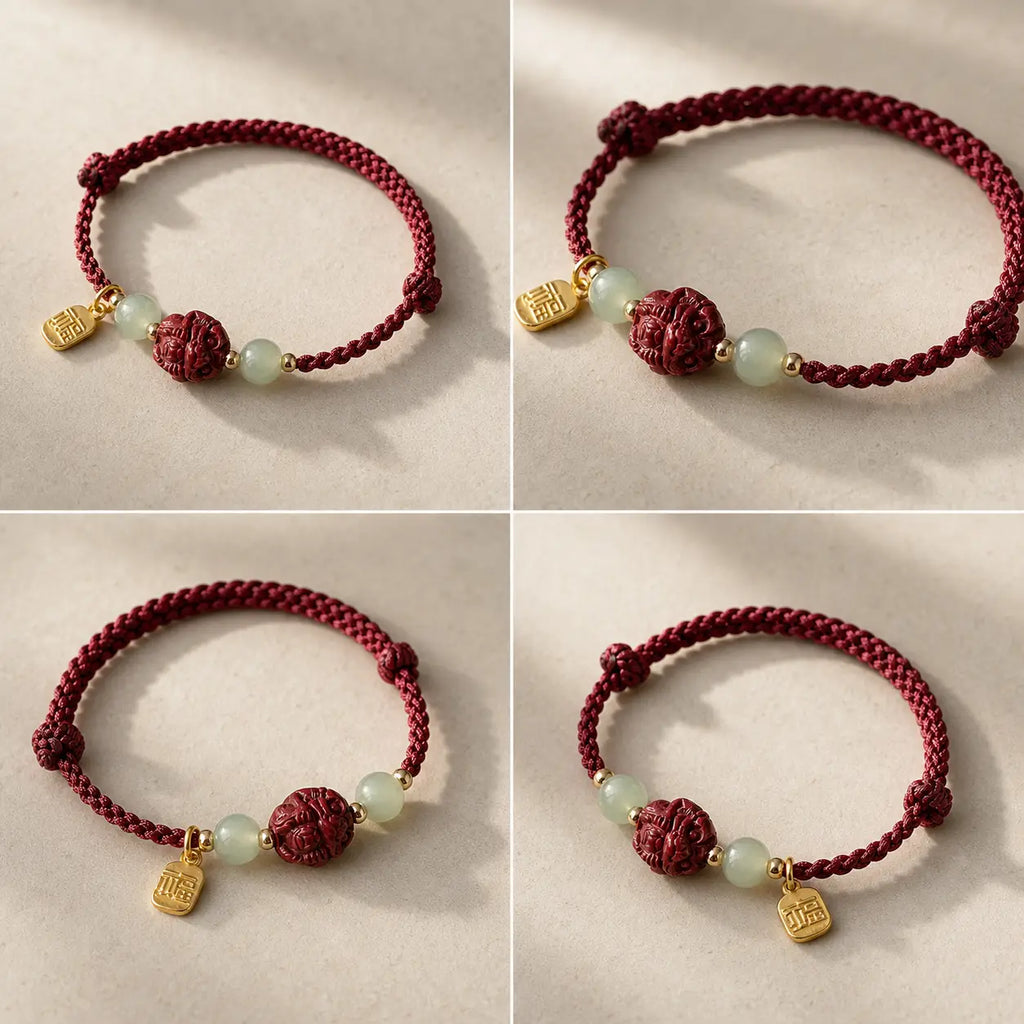 Song Yne Natural Cinnabar Chinese Zodiac Bracelet, Hetian Jade Fu Character Luck Rope Bracelet for Protection, Prosperity & Good Fortune