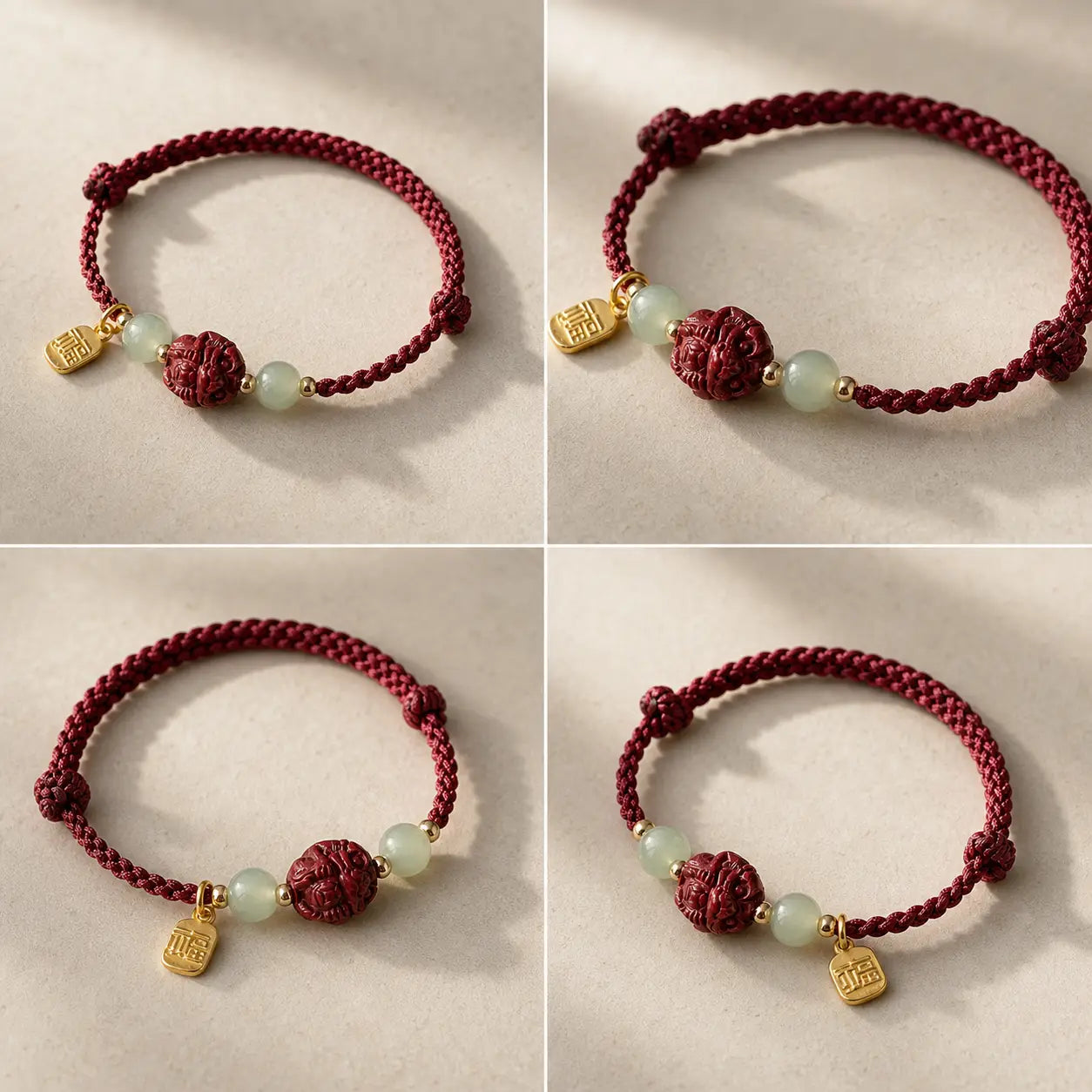 Song Yne Natural Cinnabar Chinese Zodiac Bracelet, Hetian Jade Fu Character Luck Rope Bracelet for Protection, Prosperity & Good Fortune