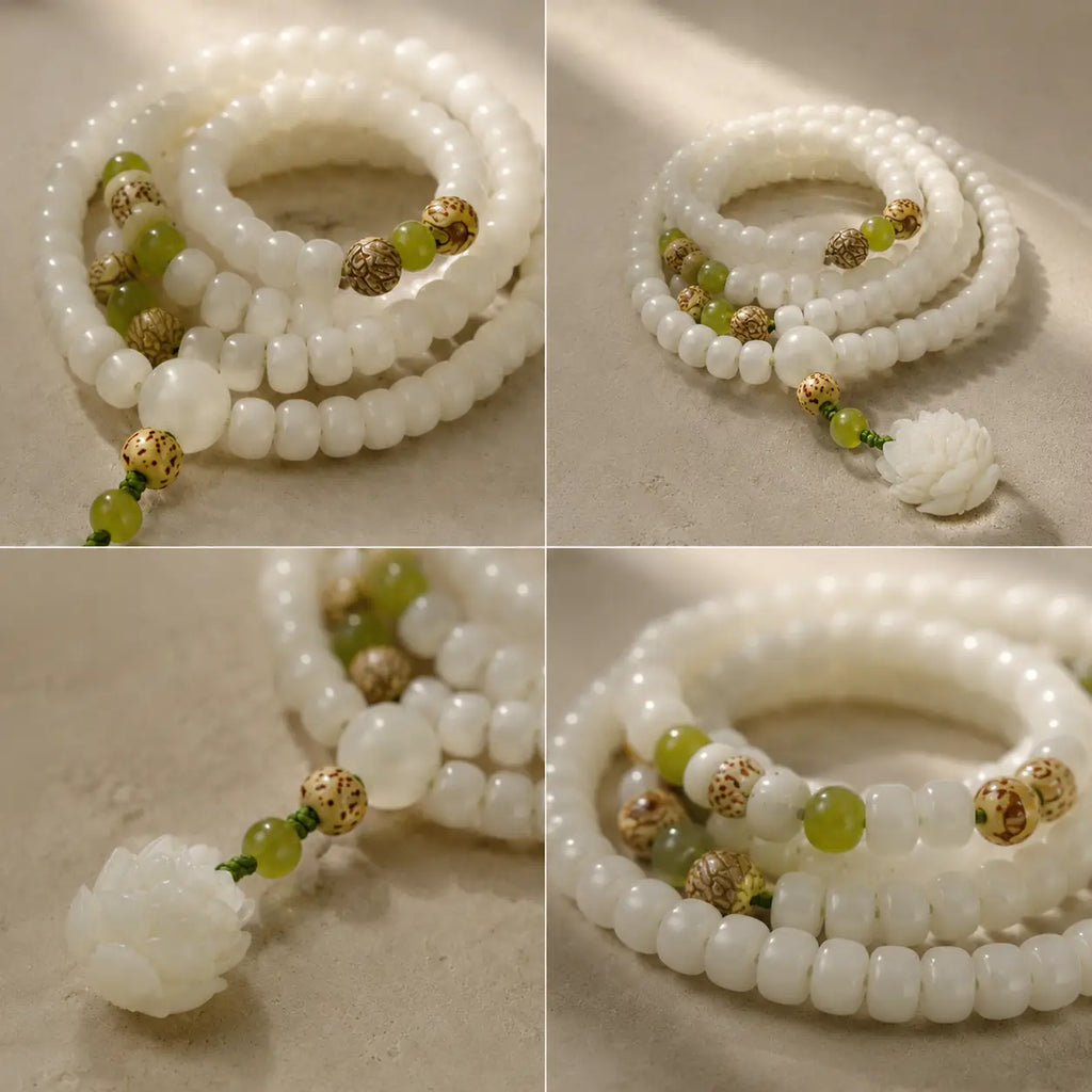 Song Yne 108 Mala Beads White Jade Bodhi Seed Lotus Bracelet Necklace, Handmade Spiritual Meditation Beads for Enlightenment, Peace & Harmony