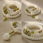 Song Yne 108 Mala Beads White Jade Bodhi Seed Lotus Bracelet Necklace, Handmade Spiritual Meditation Beads for Enlightenment, Peace & Harmony