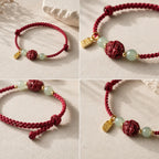 Song Yne Natural Cinnabar Chinese Zodiac Bracelet, Hetian Jade Fu Character Luck Rope Bracelet for Protection, Prosperity & Good Fortune