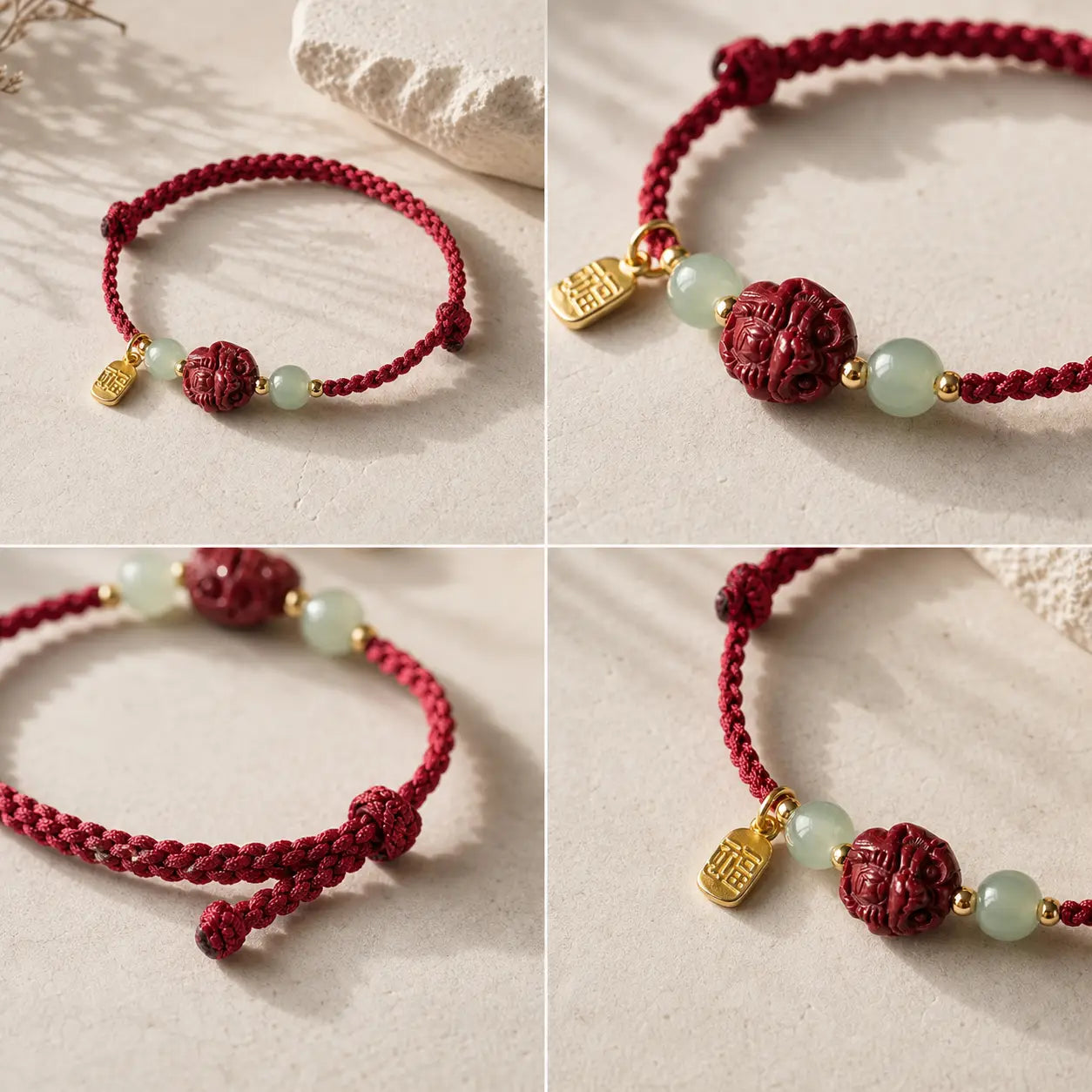 Song Yne Natural Cinnabar Chinese Zodiac Bracelet, Hetian Jade Fu Character Luck Rope Bracelet for Protection, Prosperity & Good Fortune
