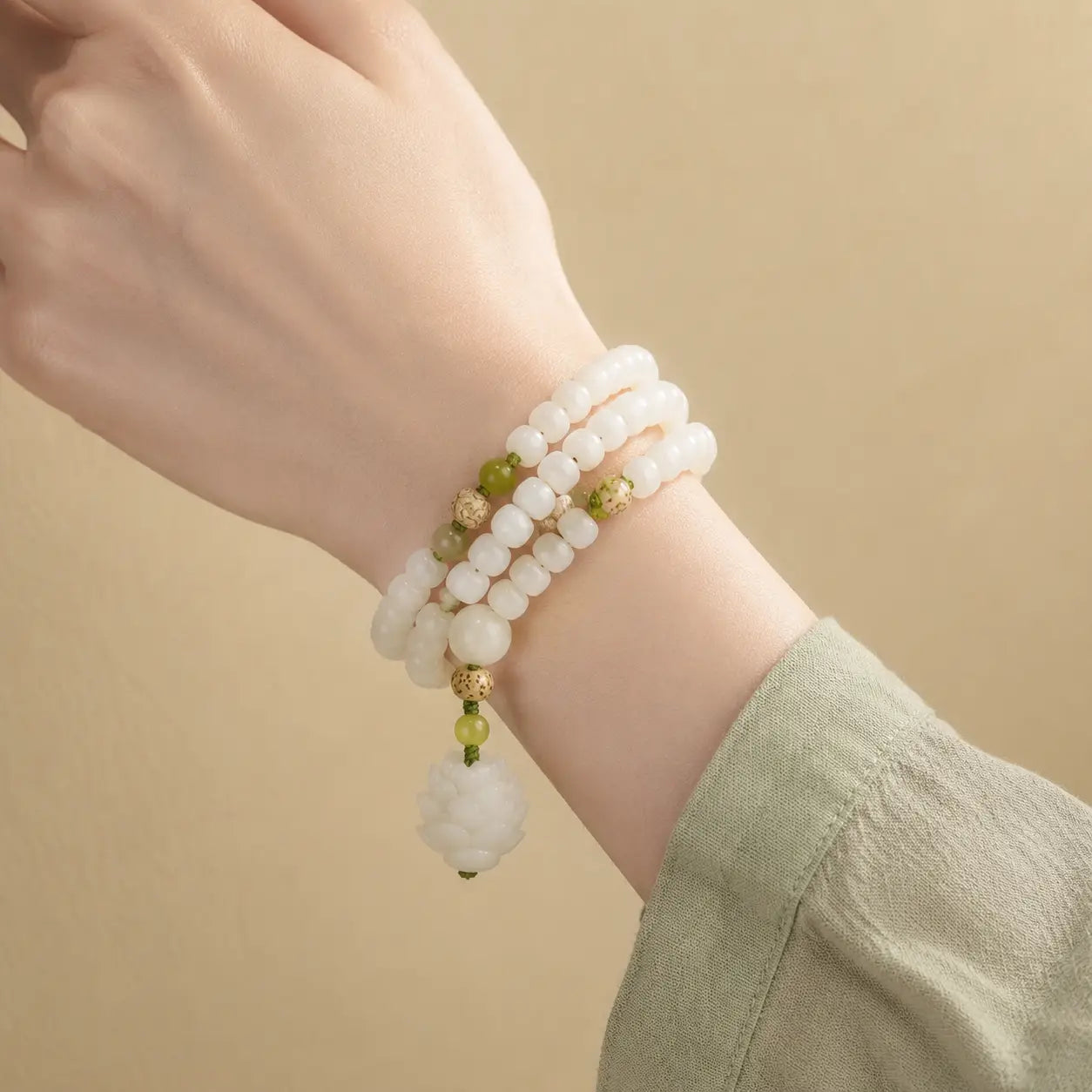 Song Yne 108 Mala Beads White Jade Bodhi Seed Lotus Bracelet Necklace, Handmade Spiritual Meditation Beads for Enlightenment, Peace & Harmony