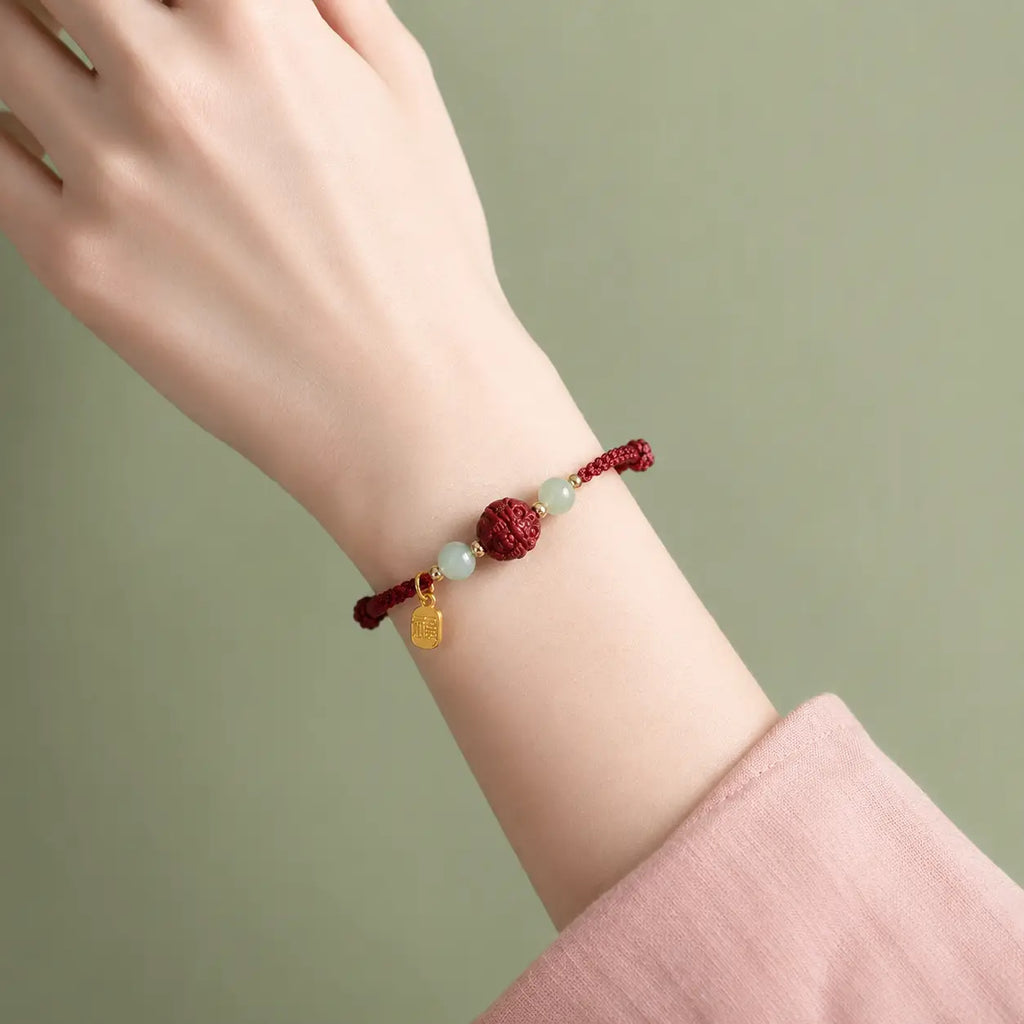 Song Yne Natural Cinnabar Chinese Zodiac Bracelet, Hetian Jade Fu Character Luck Rope Bracelet for Protection, Prosperity & Good Fortune