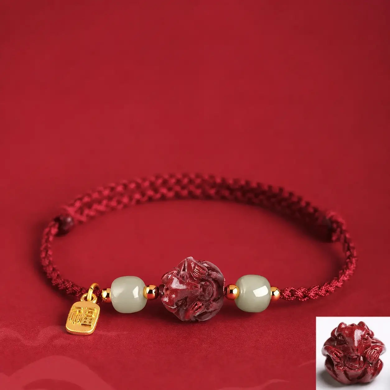 Song Yne Natural Cinnabar Chinese Zodiac Bracelet, Hetian Jade Fu Character Luck Rope Bracelet for Protection, Prosperity & Good Fortune