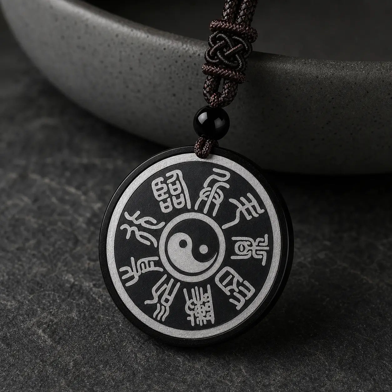 Song Yne Nine-Character Mantra Obsidian Protection Pendant
