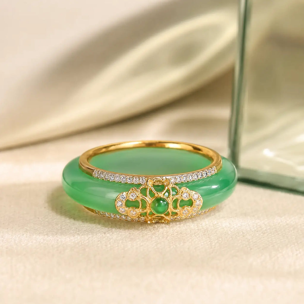 18K Gold Plated Natural Green Chalcedony Strength Ring
