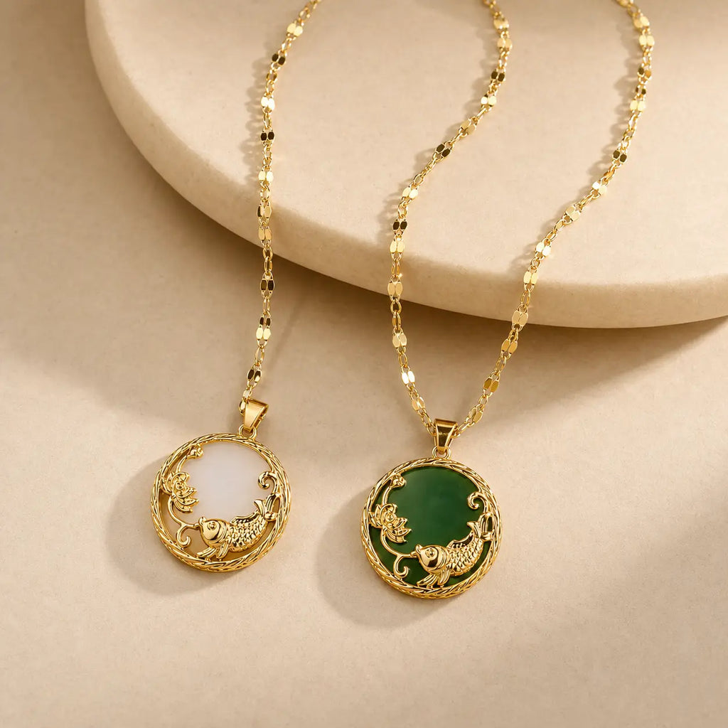 Song Yne Jade Koi Fish Lotus Luck Pendant Necklace