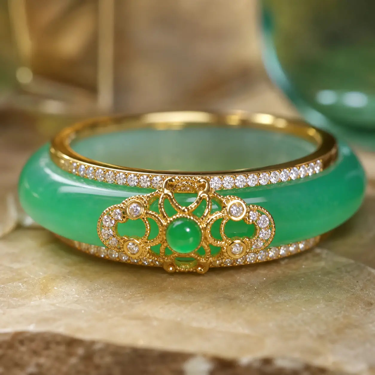 18K Gold Plated Natural Green Chalcedony Strength Ring