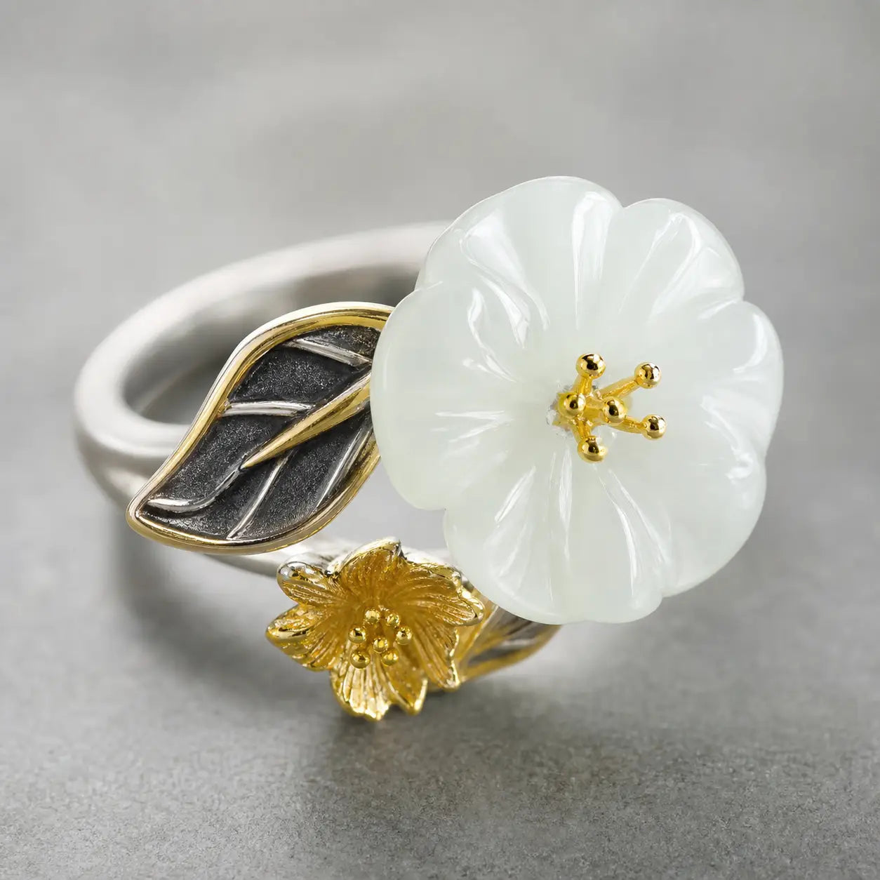 Song Yne White Jade Plum Blossom Silver Plated Luck Ring