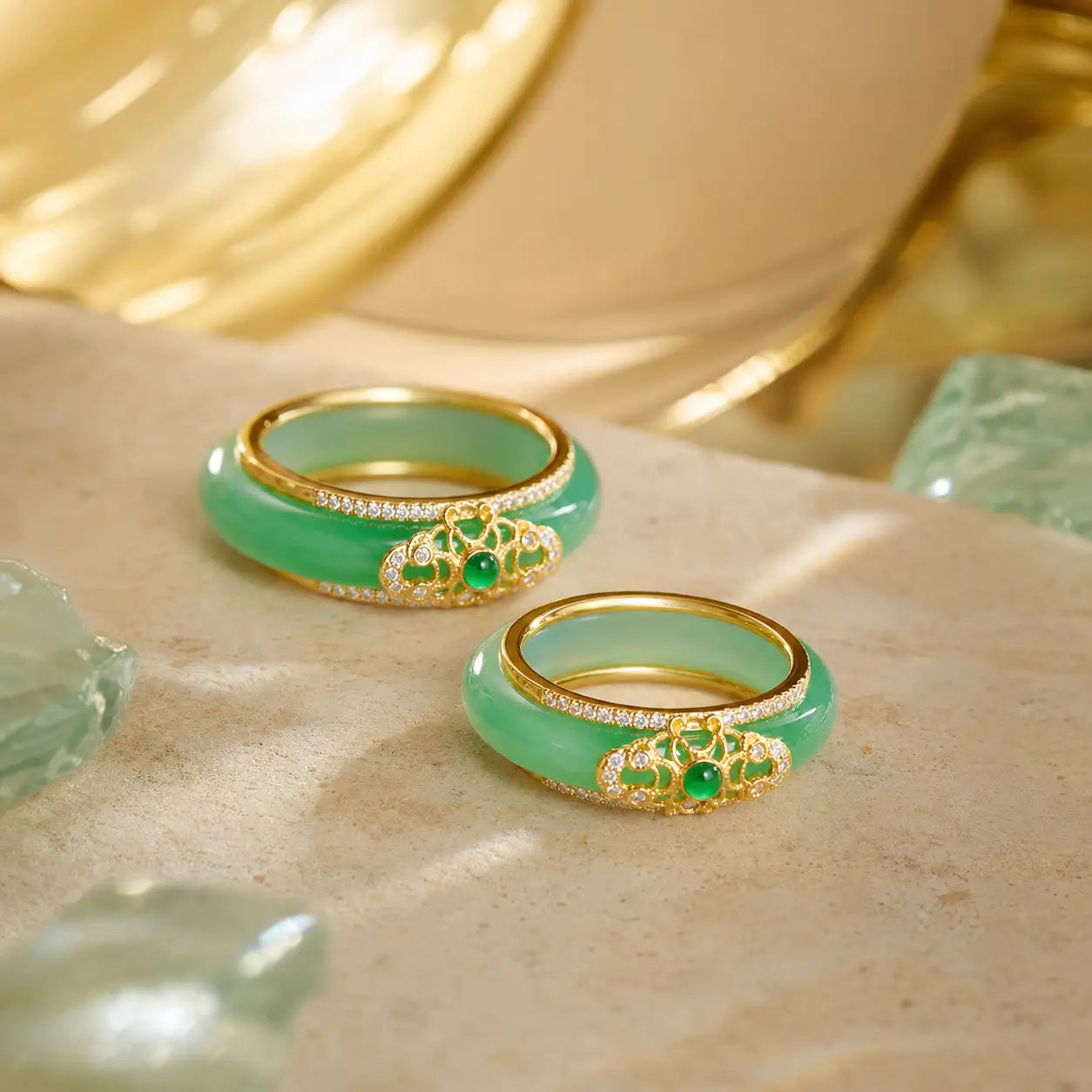 18K Gold Plated Natural Green Chalcedony Strength Ring