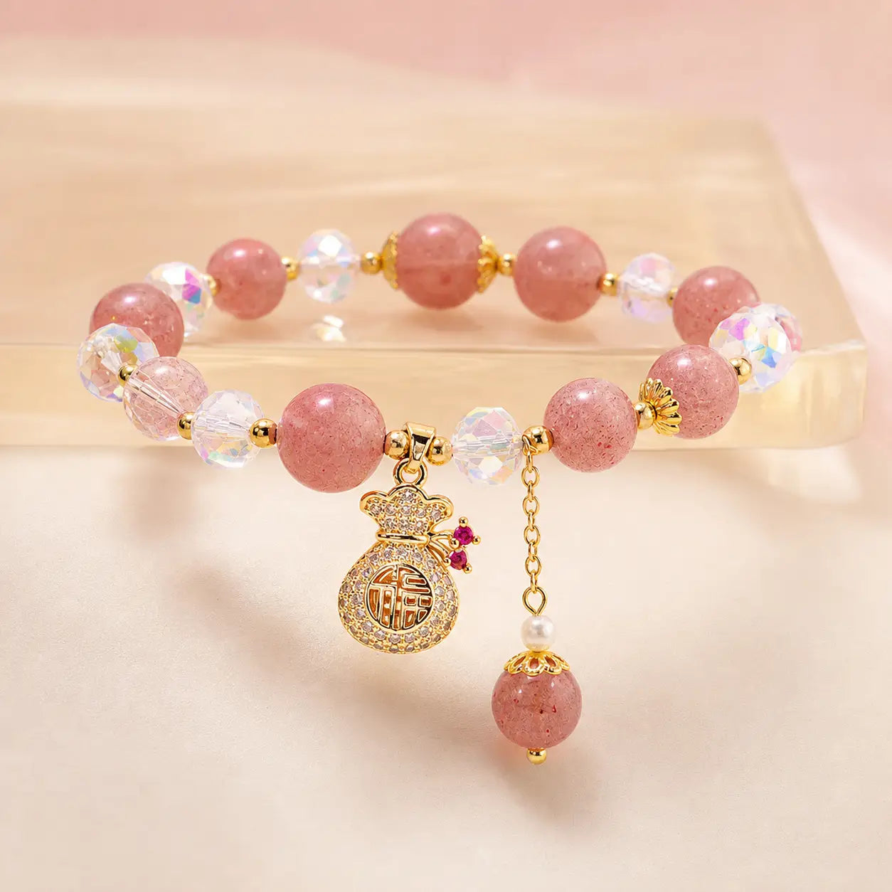 Song Yne Strawberry Quartz Money Bag Positive & Prosperity Bracelet