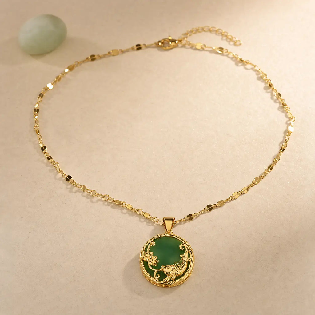 Song Yne Jade Koi Fish Lotus Luck Pendant Necklace