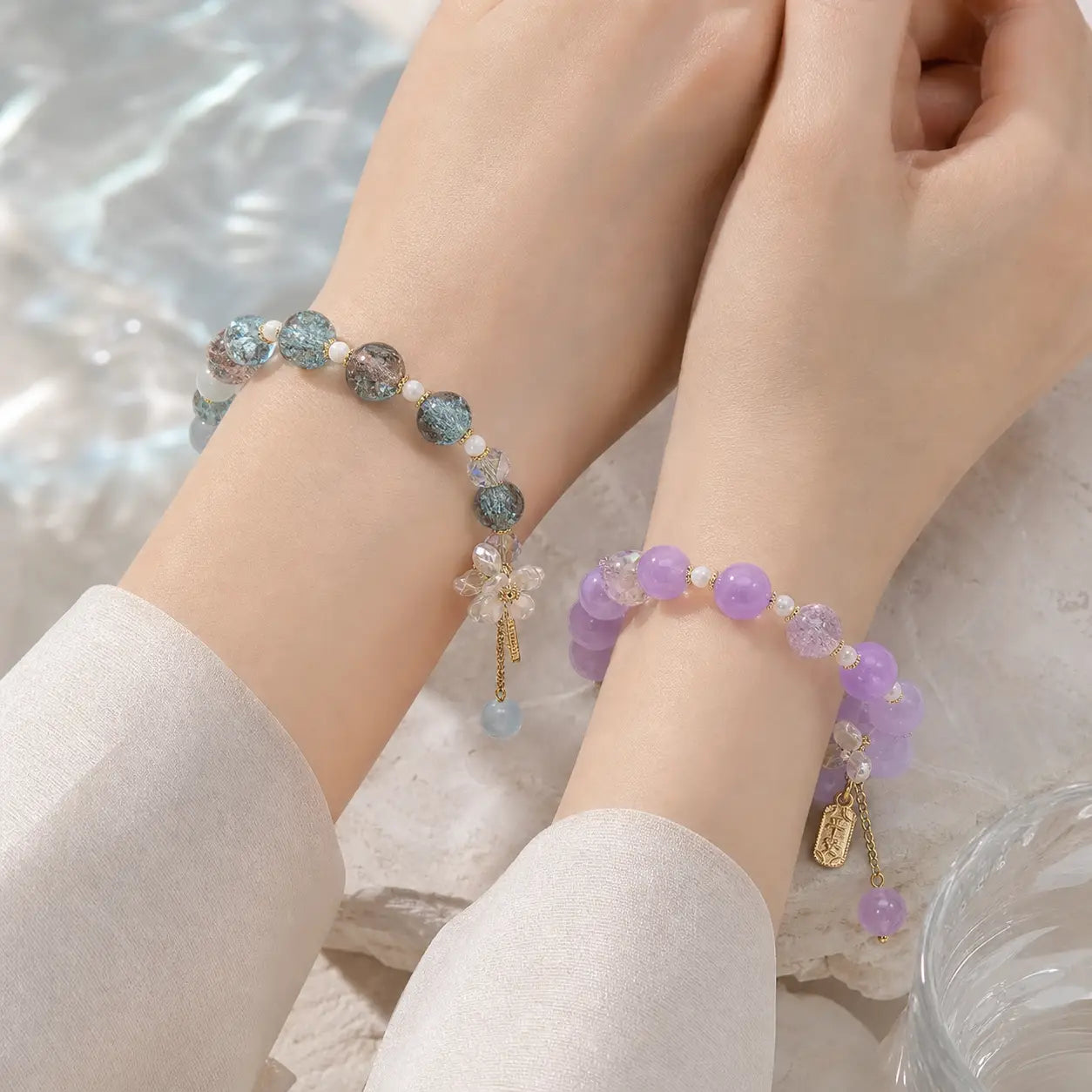 Song Yne Blue Crystal Amethyst Calming & Healing Flower Bracelet