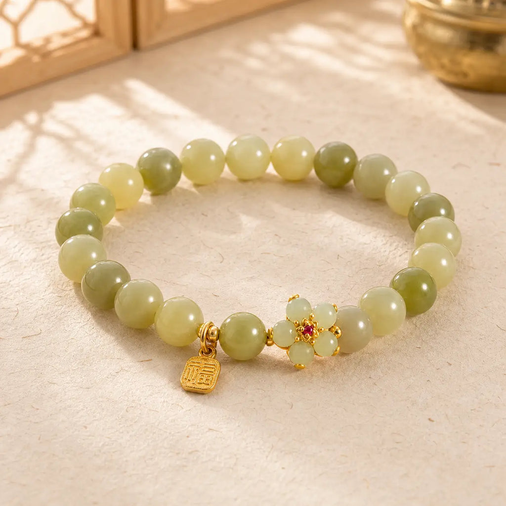 Song Yne Green Jade Flower Fu Luck & Prosperity Bracelet
