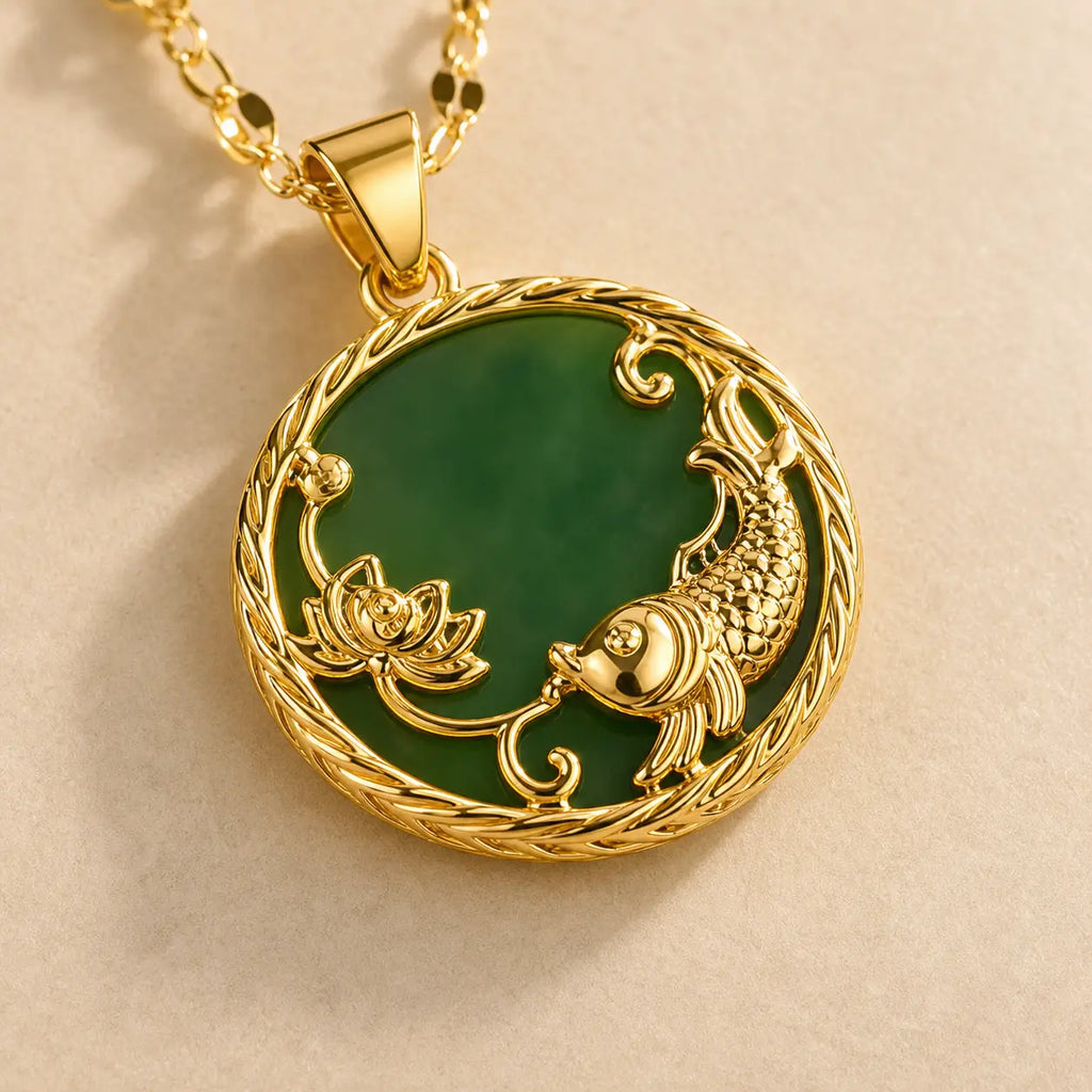 Song Yne Jade Koi Fish Lotus Luck Pendant Necklace
