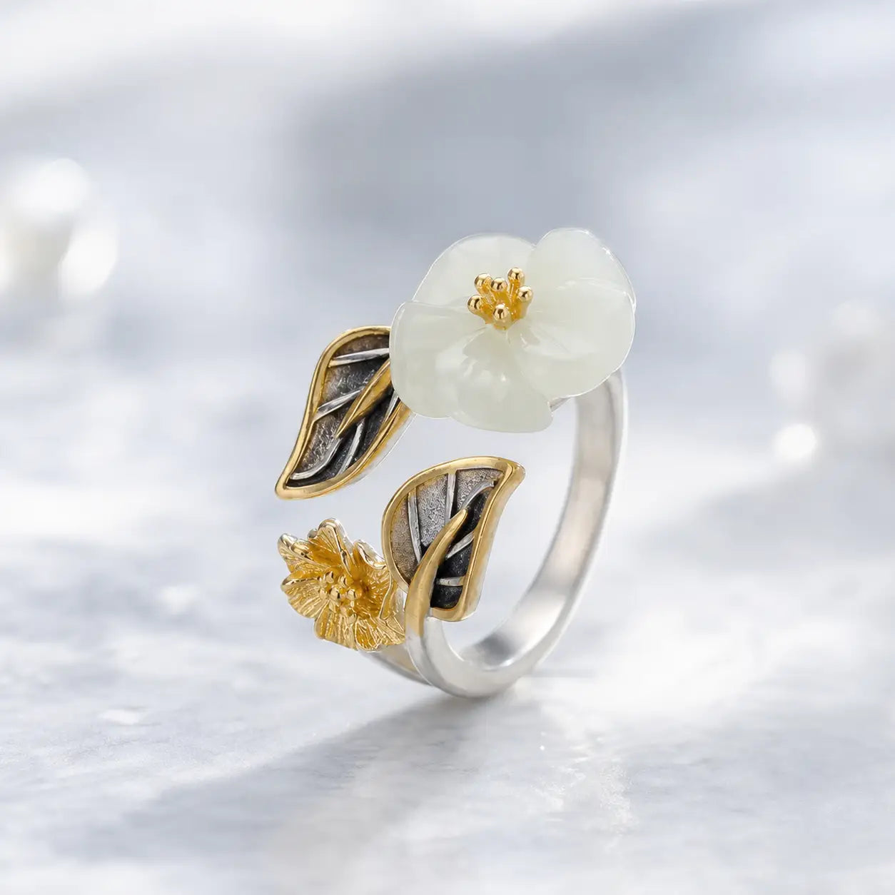 Song Yne White Jade Plum Blossom Silver Plated Luck Ring