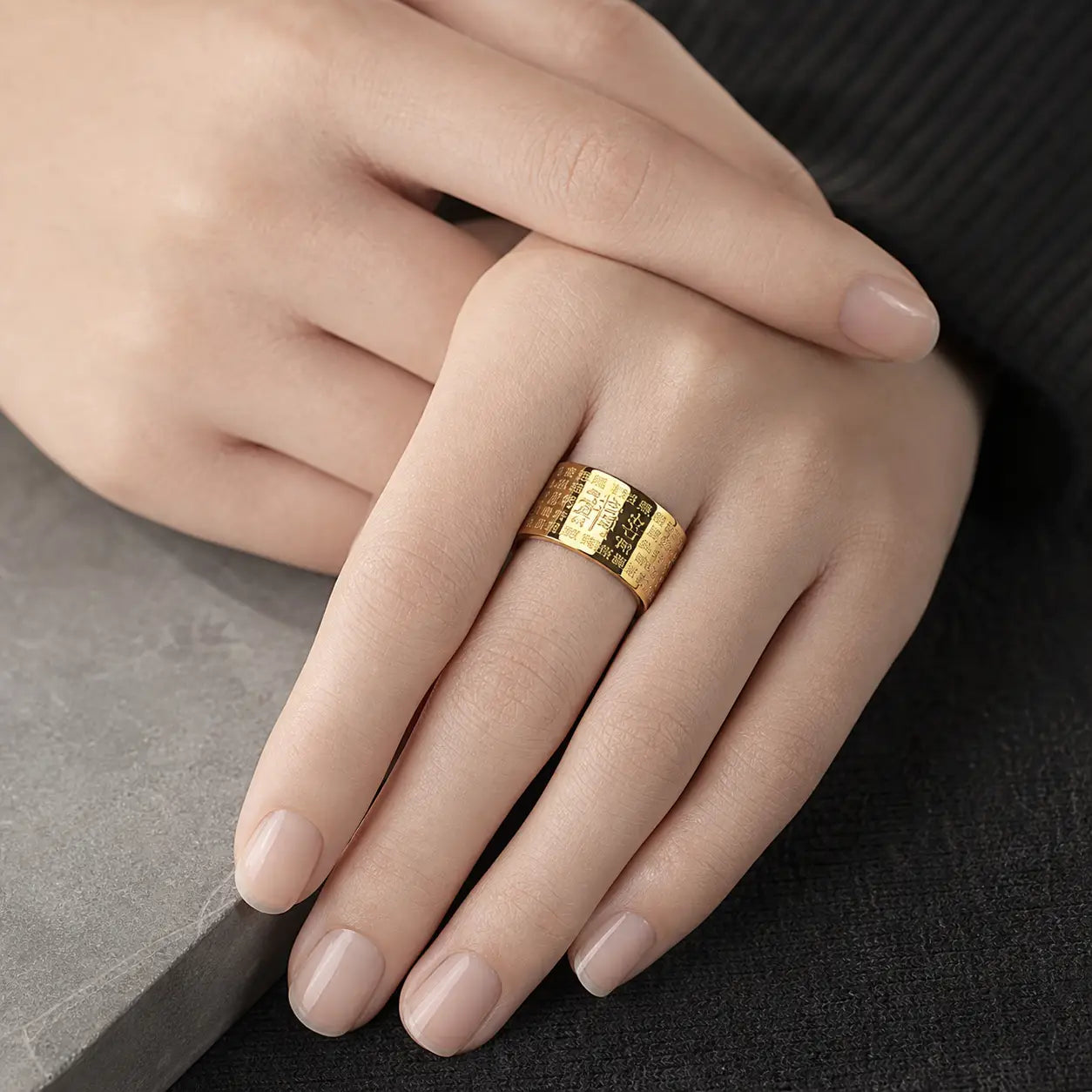 Song Yne Buddhist Heart Sutra Titanium Steel Lucky Ring