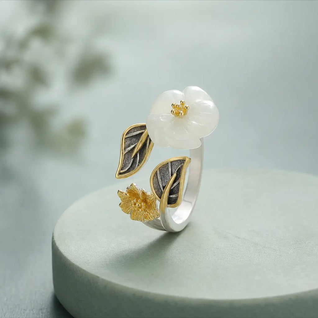 Song Yne White Jade Plum Blossom Silver Plated Luck Ring