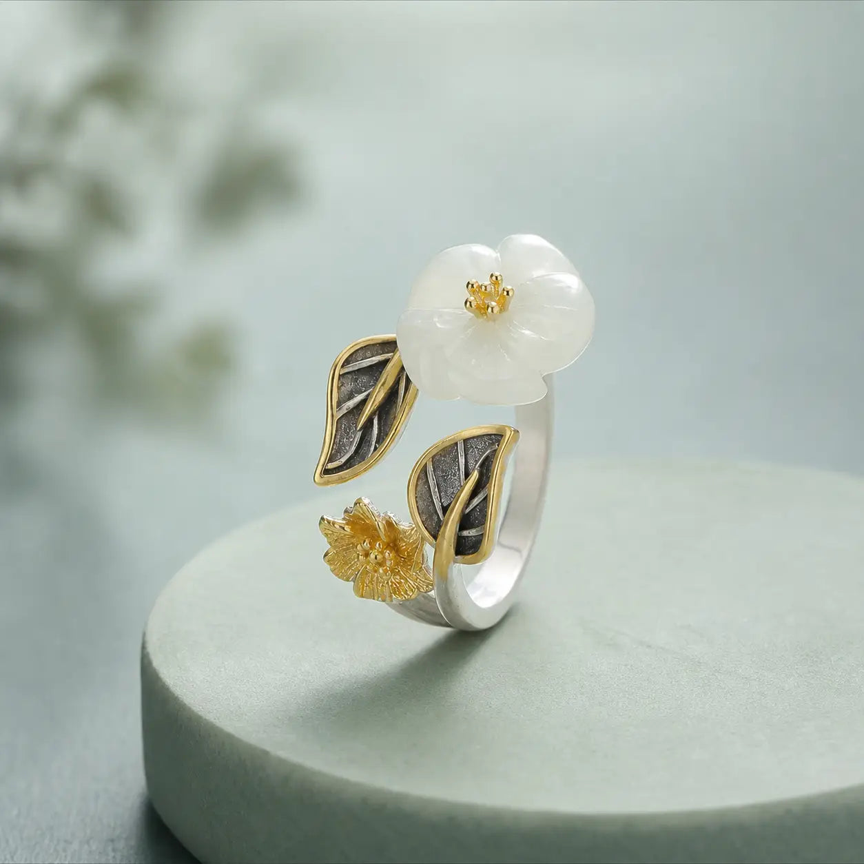 Song Yne White Jade Plum Blossom Silver Plated Luck Ring