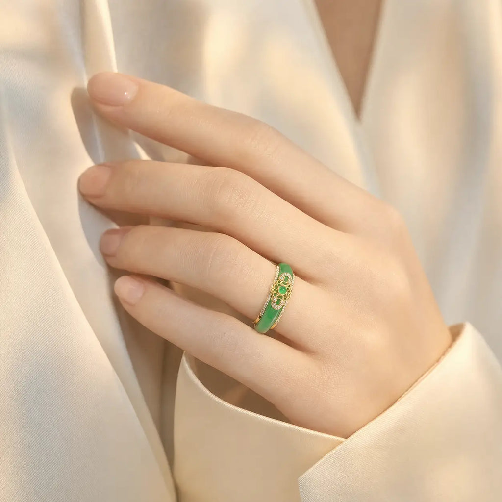 18K Gold Plated Natural Green Chalcedony Strength Ring