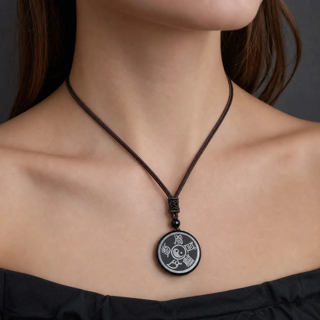 Song Yne Nine-Character Mantra Obsidian Protection Pendant