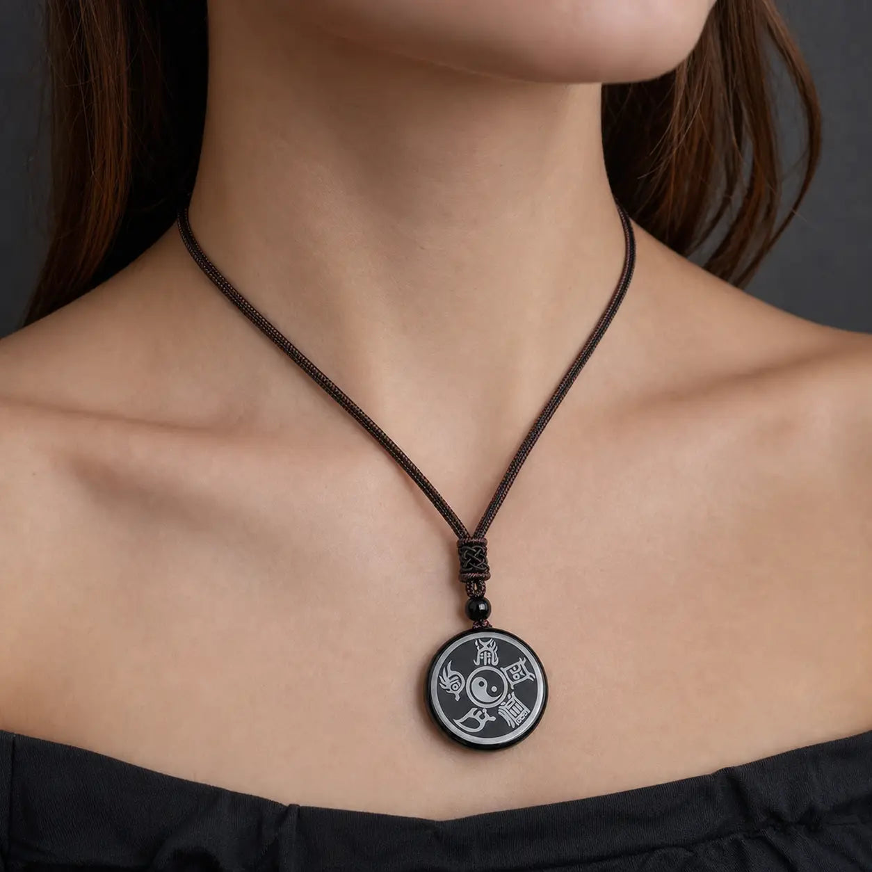 Song Yne Nine-Character Mantra Obsidian Protection Pendant