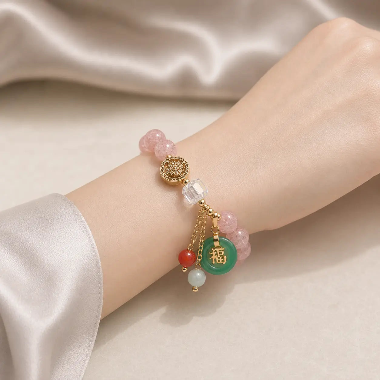 Song Yne Strawberry Quartz Jade Fu Healing & Luck Bracelet