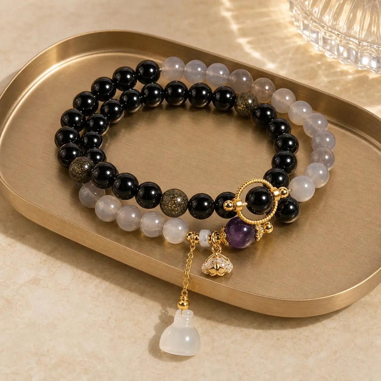 Song Yne Gold Sheen Obsidian Gray Agate Strength & Protection Bracelet