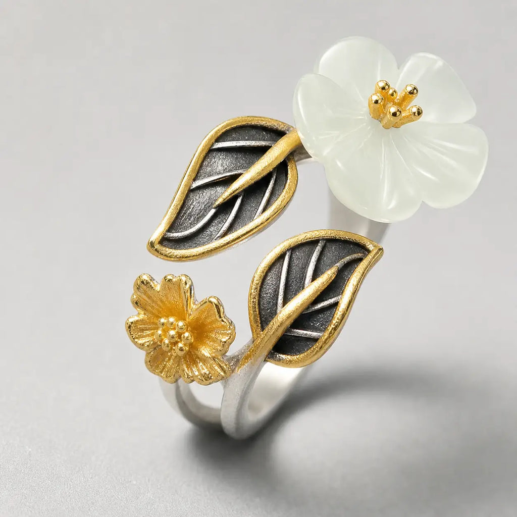 Song Yne White Jade Plum Blossom Silver Plated Luck Ring