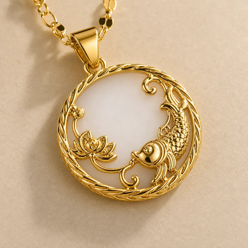 Song Yne Jade Koi Fish Lotus Luck Pendant Necklace