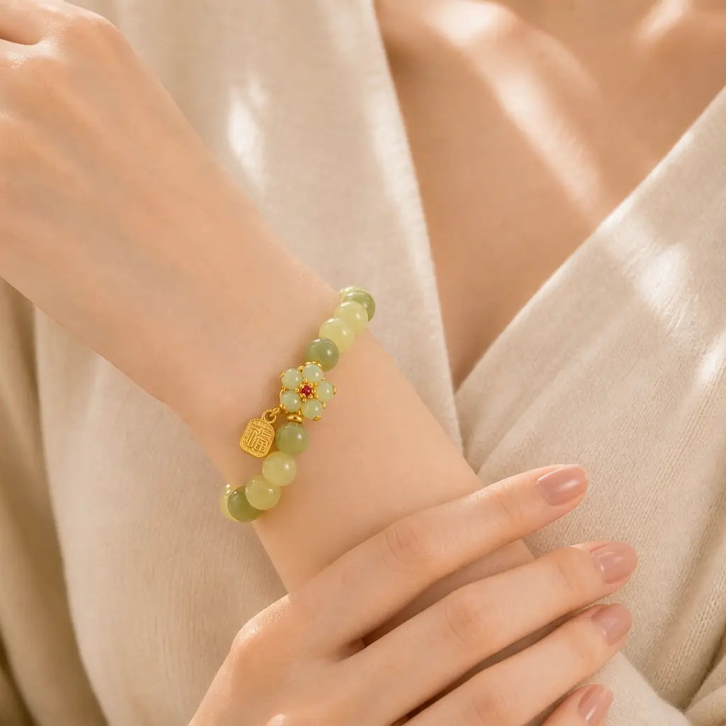 Song Yne Green Jade Flower Fu Luck & Prosperity Bracelet