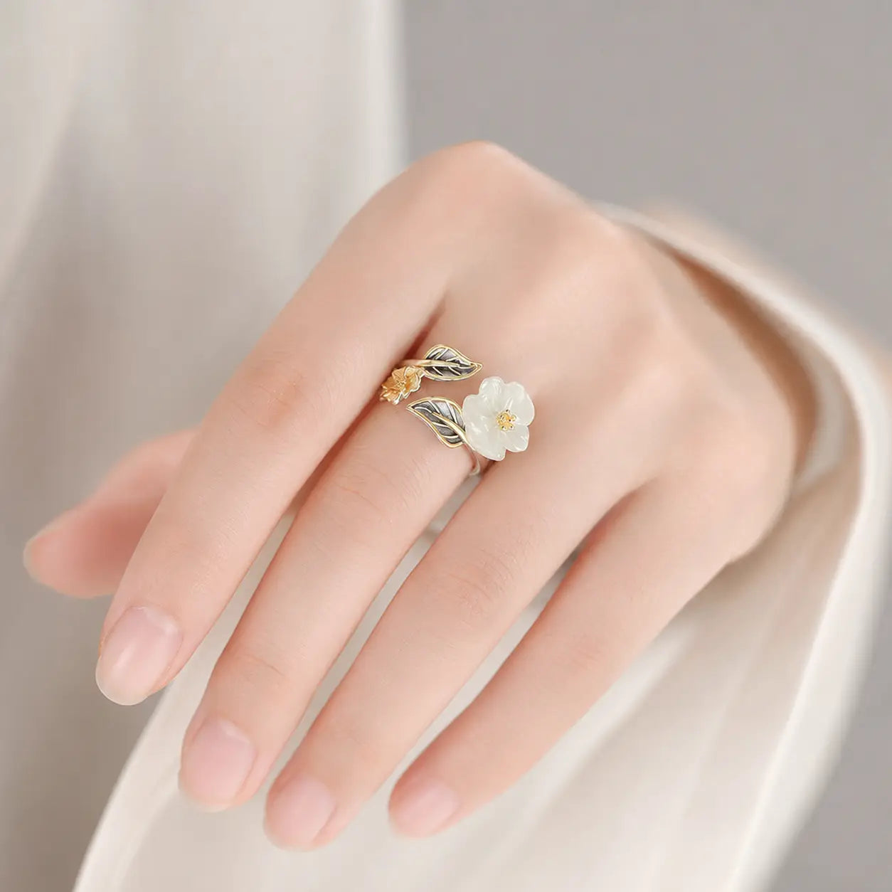 Song Yne White Jade Plum Blossom Silver Plated Luck Ring