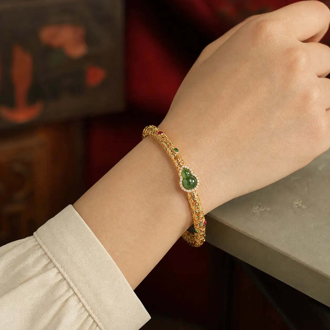 Song Yne Cyan Jade Auspicious Cloud Gourd Luck Bangle