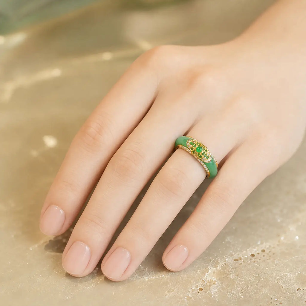 18K Gold Plated Natural Green Chalcedony Strength Ring