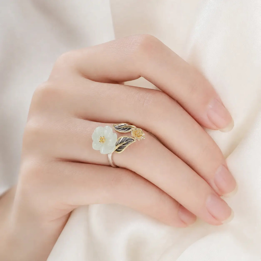 Song Yne White Jade Plum Blossom Silver Plated Luck Ring
