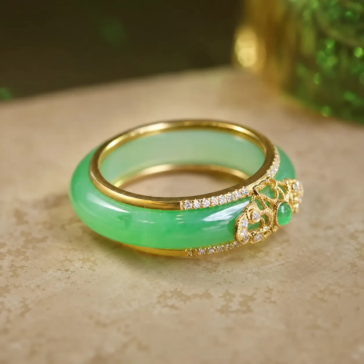 18K Gold Plated Natural Green Chalcedony Strength Ring