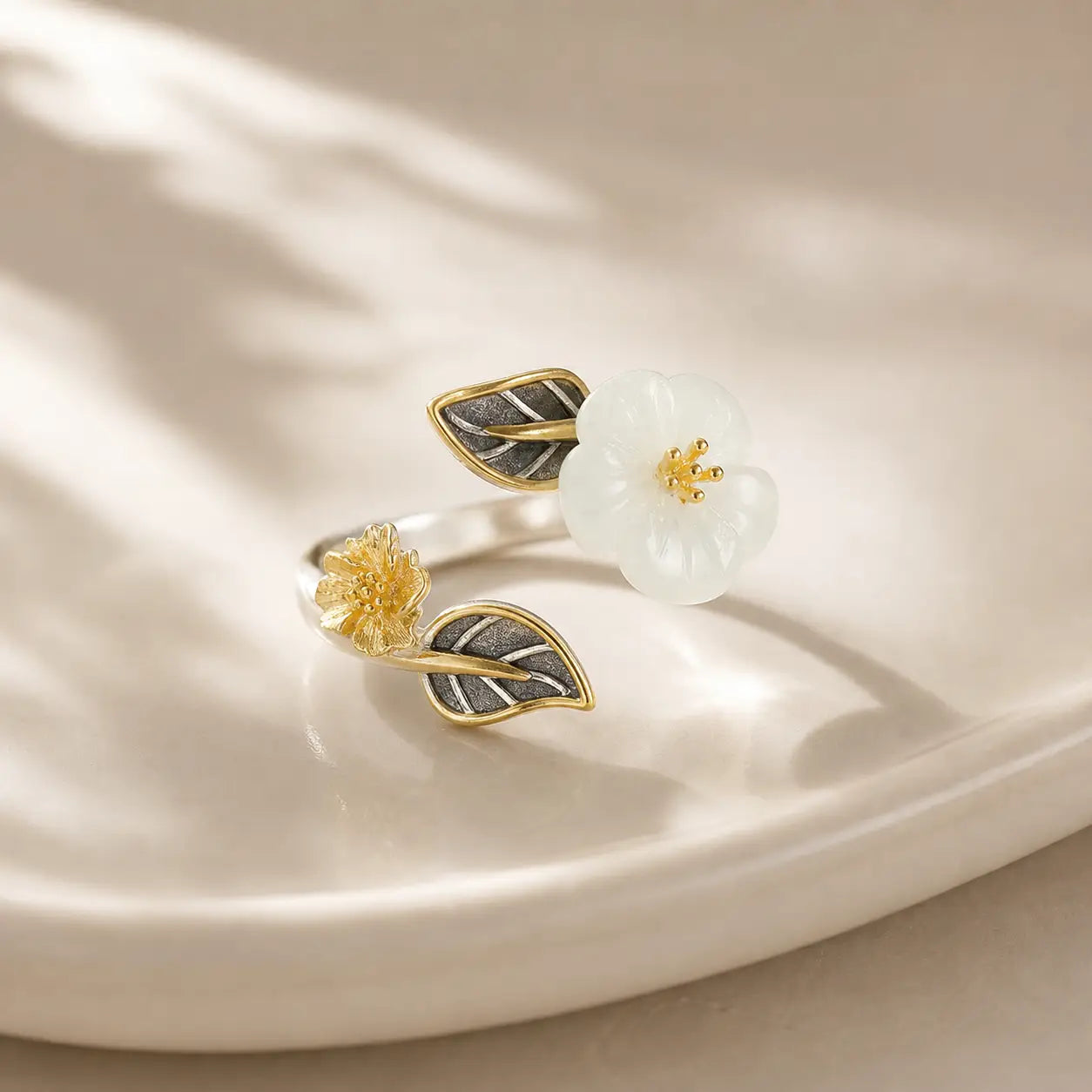 Song Yne White Jade Plum Blossom Silver Plated Luck Ring