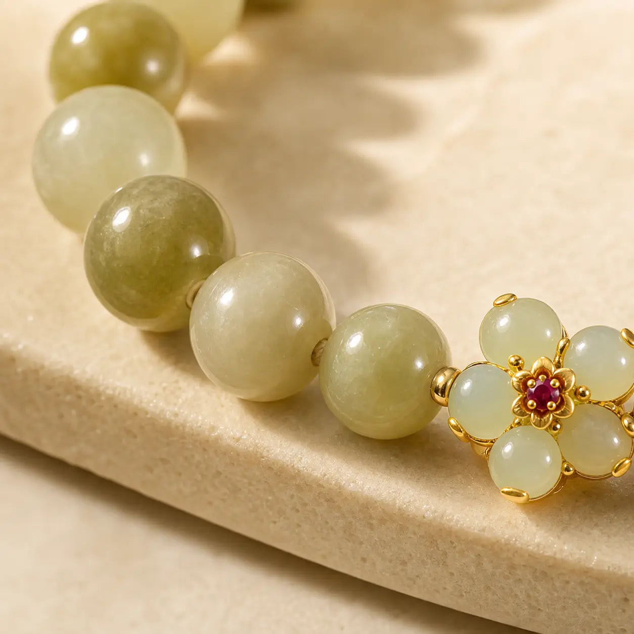 Song Yne Green Jade Flower Fu Luck & Prosperity Bracelet