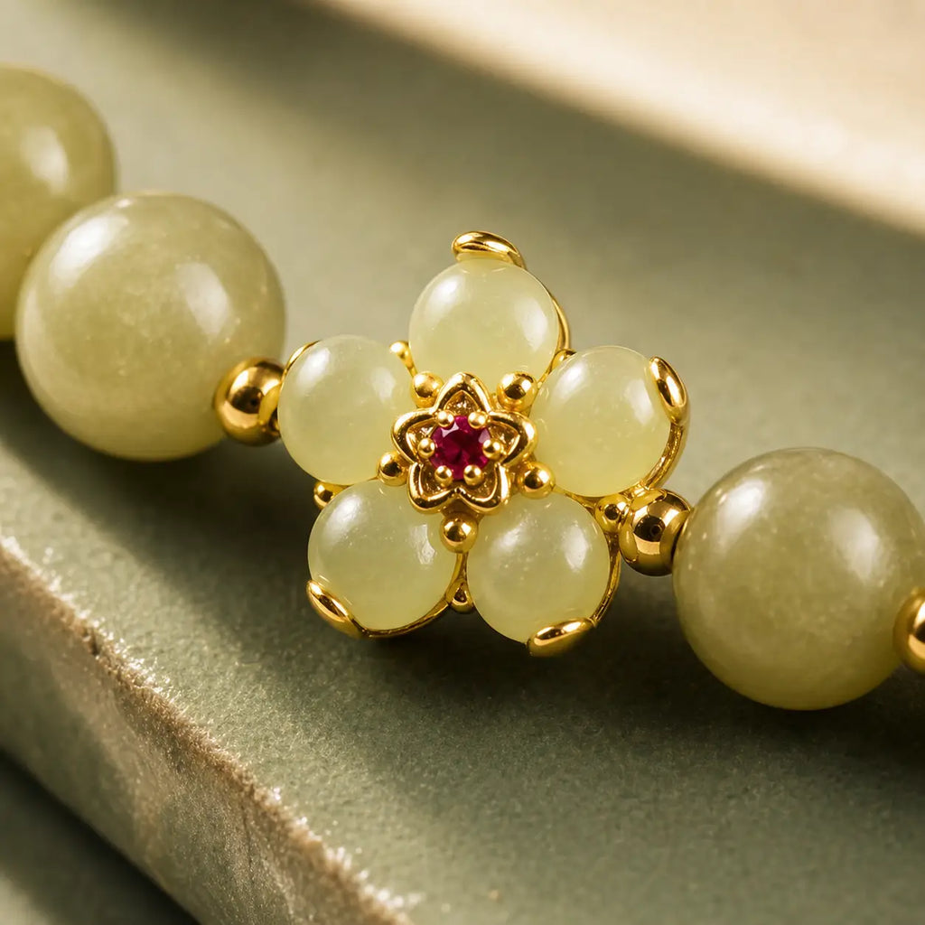 Song Yne Green Jade Flower Fu Luck & Prosperity Bracelet