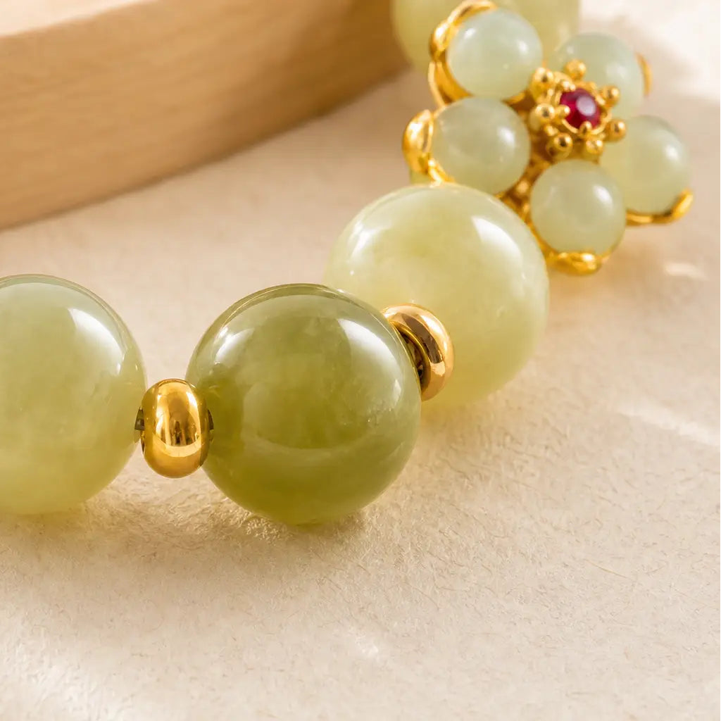 Song Yne Green Jade Flower Fu Luck & Prosperity Bracelet