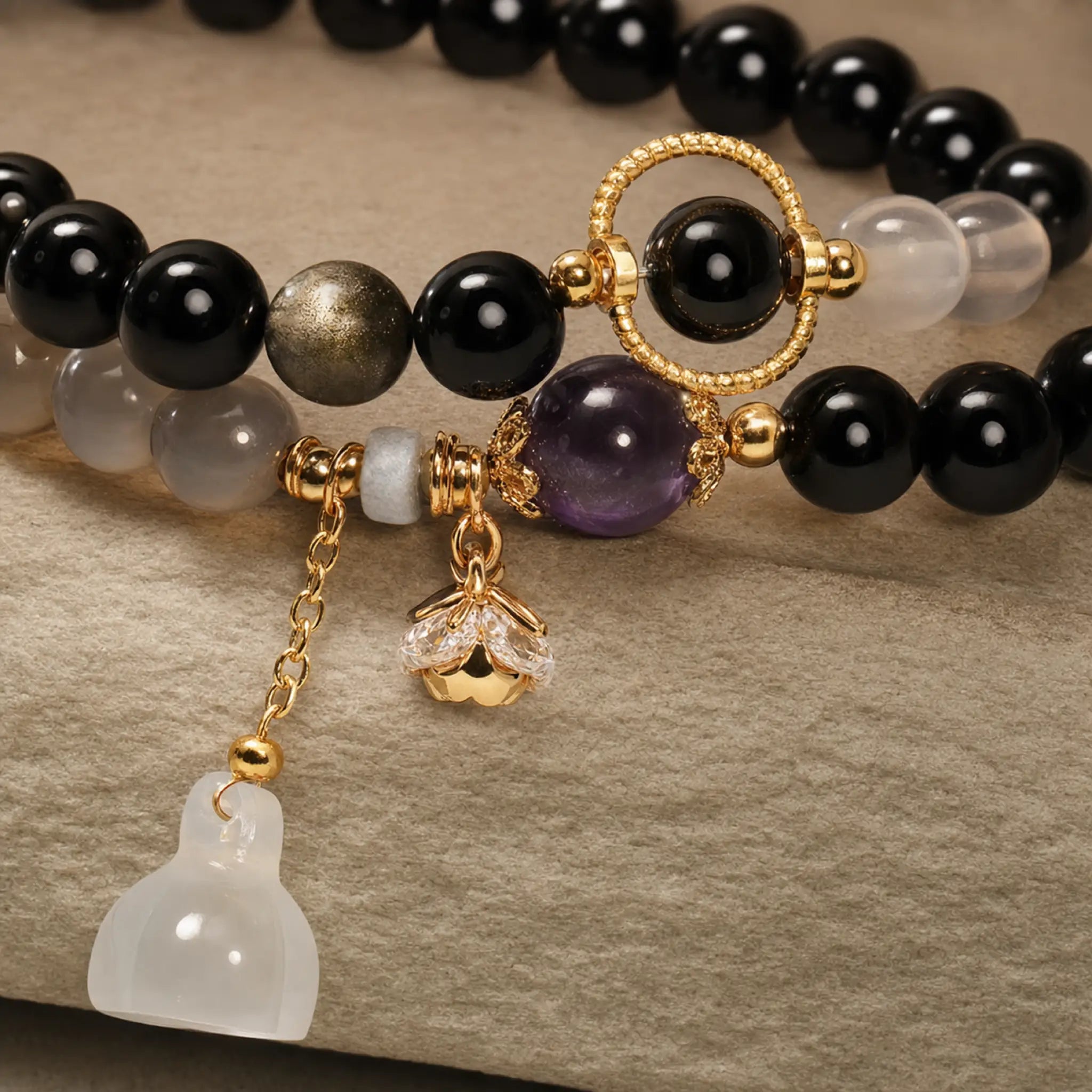 Song Yne Gold Sheen Obsidian Gray Agate Strength & Protection Bracelet