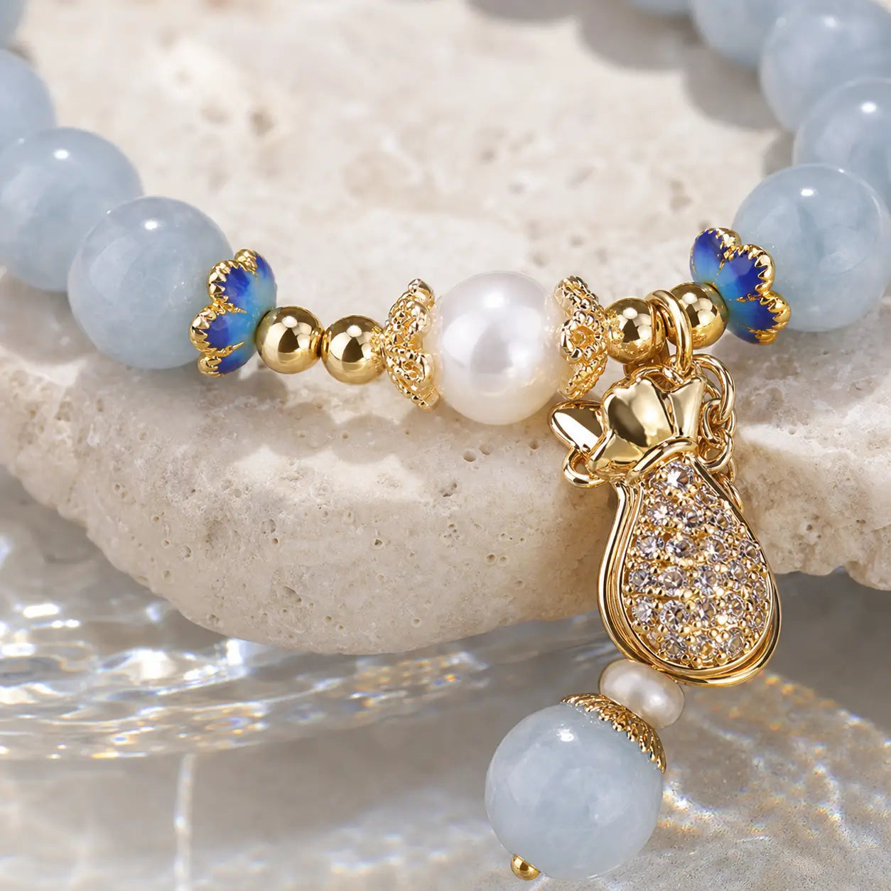 Song Yne Aquamarine Pearl Money Bag Fortune & Healing Bracelet