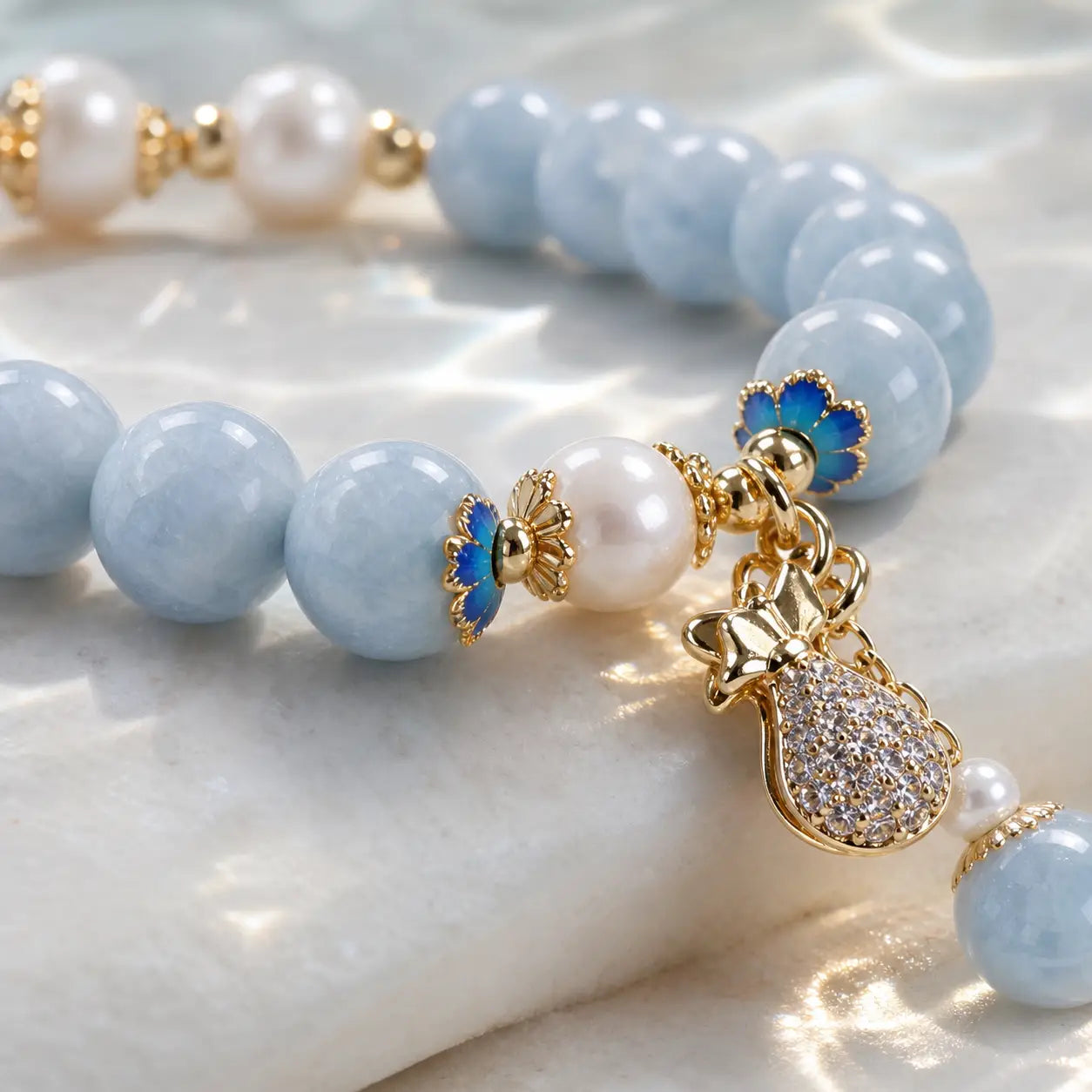 Song Yne Aquamarine Pearl Money Bag Fortune & Healing Bracelet